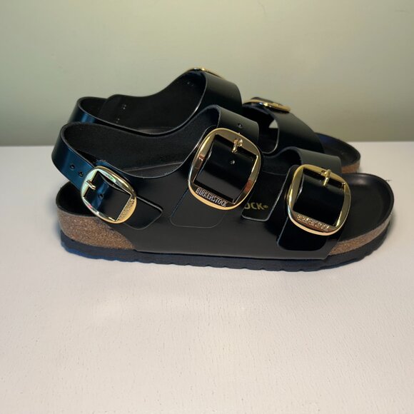 Birkenstock Milano Big Buckle Natural Leather Patent Sandals - Picture 4 of 16